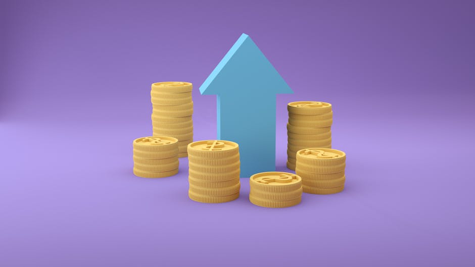 Stacks of coins with an upward arrow symbolizing financial growth and success.