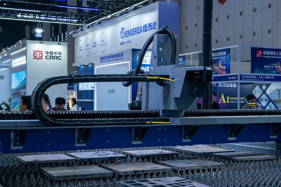 A view of advanced industrial machinery displayed at a trade fair exhibit.